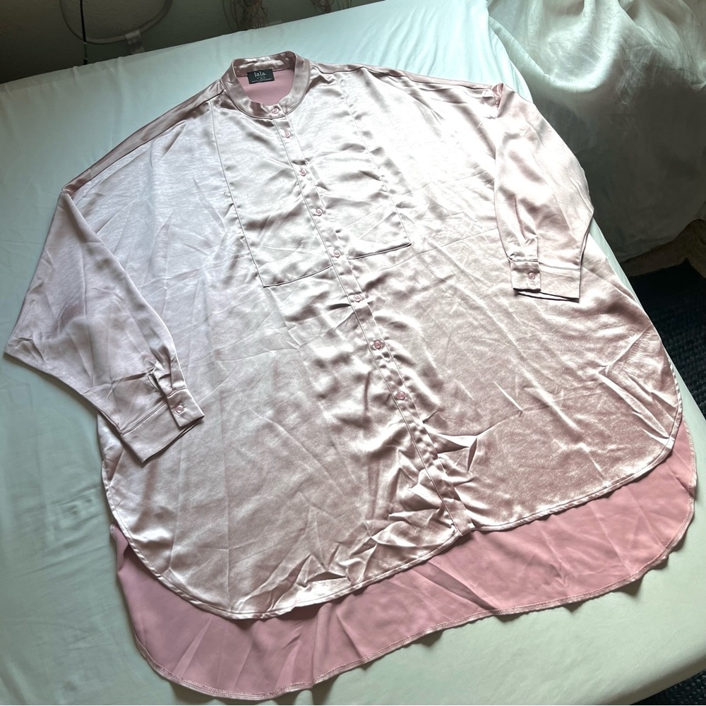 DRESSED IN LALA light pink satin long sleeve button up mini shirt dress